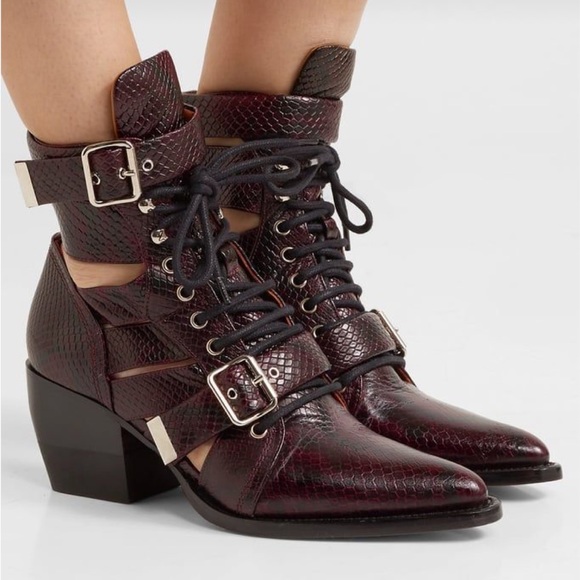 Chloe Shoes - Chloe Rylee Cutout boot in burgundy snake print